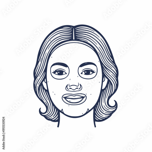Smiling woman wearing facial sheet mask. Vintage line art vector graphic. Skincare and beauty routine portrait isolated on white background