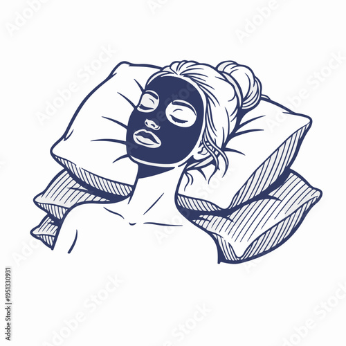 Woman relaxing with facial mask on pillows. Vintage line art vector graphic. Skincare and beauty spa concept