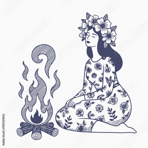 Woman with flower crown sitting by a bonfire. Vintage line art vector graphic. Midsummer festival concept