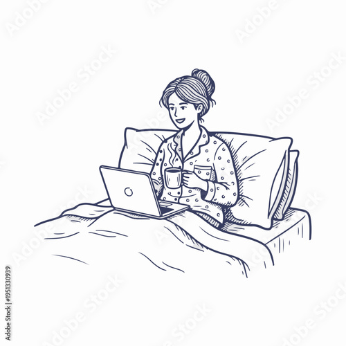 Vintage line art vector graphic of woman using laptop in bed. Hand drawn sketch of female character drinking coffee. Vector design isolated on white background