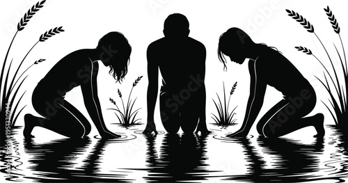Christian baptism silhouette scene, people kneeling in water during religious ceremony, spiritual faith ritual vector illustration with reeds and reflection