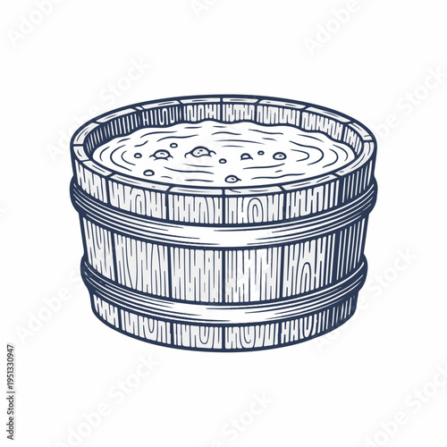 Vintage style line art vector graphic of a wooden tub with hot water. Hand drawn sketch of a bubbling spa bath. Isolated on white background