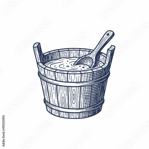 Vintage style wooden sauna bucket and ladle. Hand drawn line art vector graphic. Spa and bathhouse concept