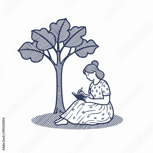 Woman writing in notebook under a tree. Vintage line art vector graphic. Nature journaling and study concept