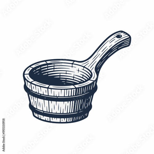 Vintage style line art vector graphic of a wooden sauna ladle. Hand drawn sketch of a traditional bath dipper. Isolated on white background