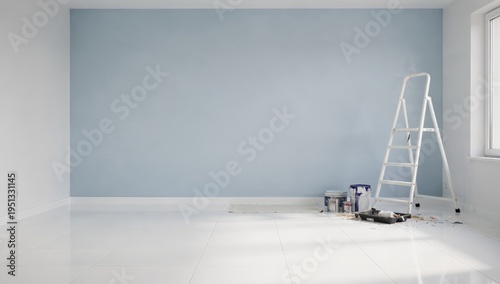 Minimalist room undergoing renovation: a white ladder stands beside paint cans against a freshly painted light blue wall conveying a sense of calm balance and the clean transformation of a modern spac