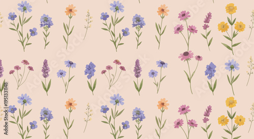 Colorful tiny flowers arranged randomly creating a seamless and playful decorative background