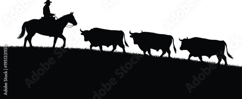 Cowboy herding cattle silhouette scene, rancher riding horse driving cows across pasture, western ranch livestock farming vector illustration with grass landscape