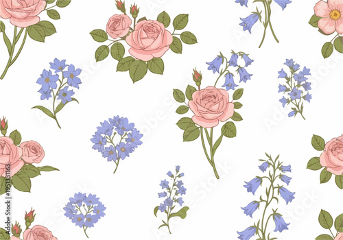 Small vibrant flowers scattered evenly forming a seamless and decorative floral background