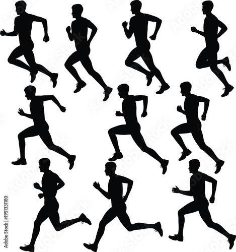 Running man silhouettes collection, male runner jogging poses set, fitness sport vector illustration, black athlete shapes isolated design