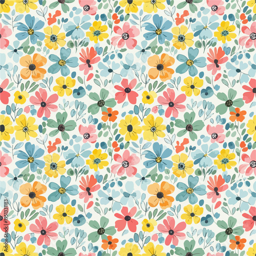 Seamless floral background with scattered miniature blossoms creating a lively decorative design