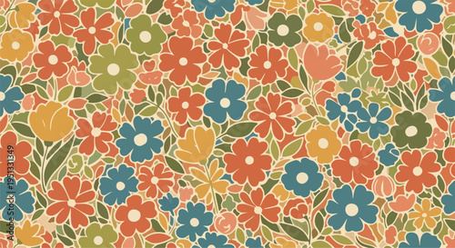 Seamless design with miniature colorful blossoms forming a dense and cheerful floral pattern