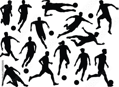 Soccer player silhouettes collection, football action poses set, dribbling kicking jumping athletes, sport vector illustration, black player shapes isolated