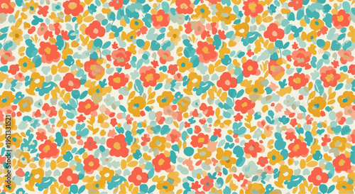 Vibrant floral repeat with tiny blossoms in rainbow shades creating a lively and decorative seamless surface design