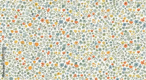 Colorful miniature floral pattern with evenly scattered blossoms forming a seamless and joyful decorative design
