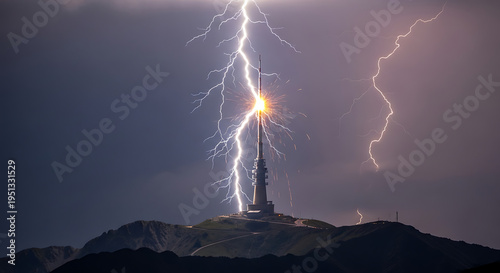 Lightning Bolt Striking Radio Tower on Mountain Peak Technology vs Nature