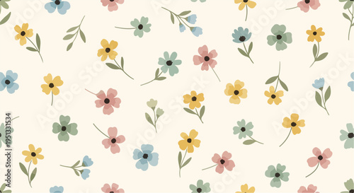 Seamless floral background with small blossoms in various colors creating a lively and decorative composition