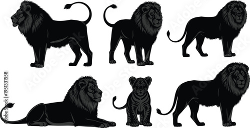 Collection of male lion silhouettes and a cute cub featuring majestic stags in standing and lying poses for wildlife design.