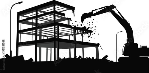 Building demolition silhouette with excavator tearing down structure, construction site rubble, urban industrial demolition scene, heavy machinery vector illustration, safety barrier outline