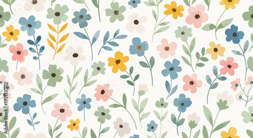 Playful flower pattern with bright colors and soft shapes creating a seamless and decorative surface for various designs