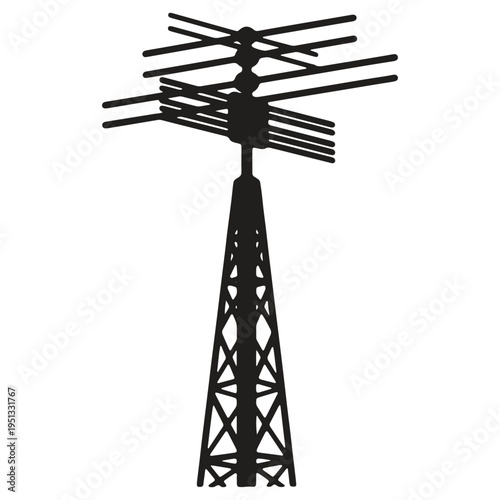 Tv antenna mounted on a metal tower with multiple rods isolated on transparent background