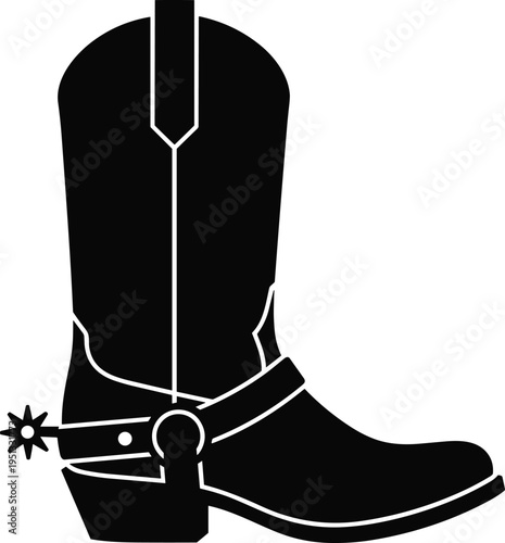 Cowboy boot silhouette vector illustration with spur, western footwear icon, black leather boot, cad drawing flat vector illustration, flavector, isolated.