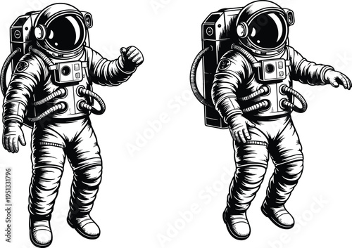 Astronaut vector set, detailed vintage space suit illustrations, floating cosmonaut poses, hand-drawn astronaut clipart, space exploration concept, cosmic adventure design elements
