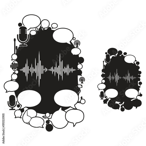 Vector illustration of abstract speech bubbles and microphones surrounding sound waves on isolated on transparent background