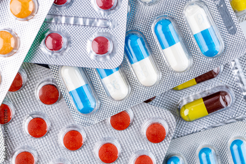 Variety of medicines and drugs.Medicine and healthcare concept.Variety of medicines and drugs.Medicine and healthcare concept.Pill for the prescription and treatment various diseases chemistry