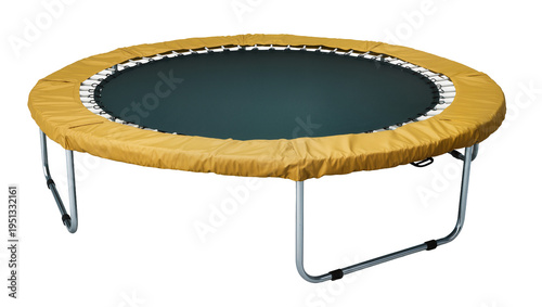 Photography Isolated round backyard trampoline with yellow safety pad and dark green jumping