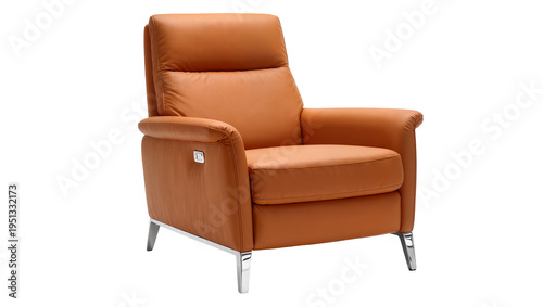 Photos Isolated modern tan leather recliner armchair with chrome legs for elegant home comfort