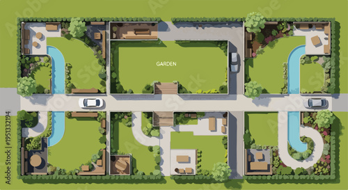 Top-down aerial view of a modern residential neighborhood with multiple houses, green gardens, swimming pools, and cars on the road, vector illustration