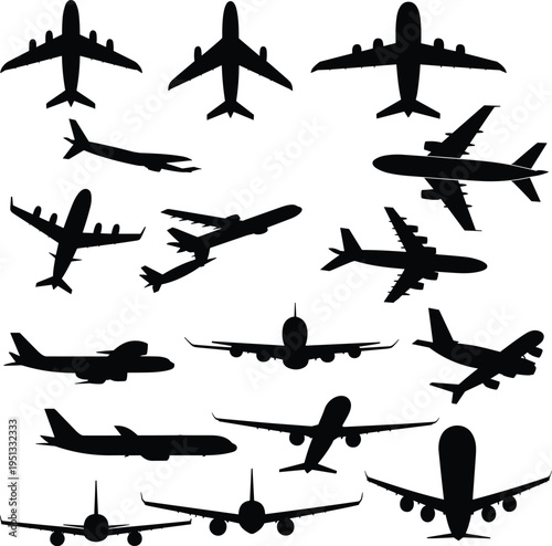 Airplane silhouettes collection, various aircraft flying poses set, aviation transport vector illustration, black plane shapes isolated, travel design