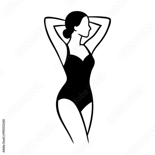 Logotipo con dibujo con líneas de una mujer con bikini de estilo retro, posando de pie con los brazos en la cabeza 