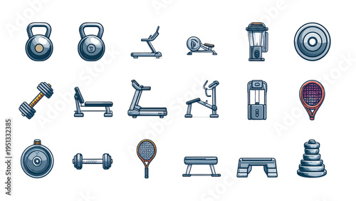 Set of Fitness and Gym Equipment Icons Including Dumbbell Kettlebell Treadmill Tennis Racket and Step Platform Isolated on White Background for Sport