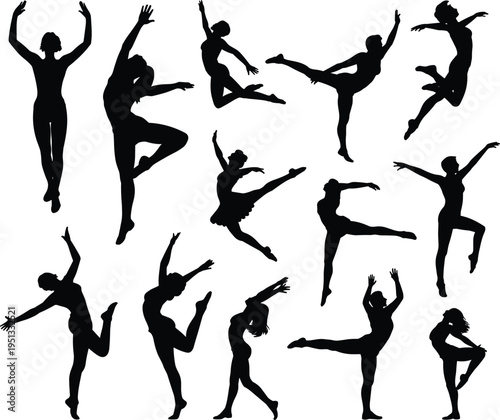 Dance silhouettes collection, ballet and modern dancers poses set, artistic movement figures, dynamic human silhouettes, performance choreography illustration