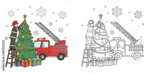 Firefighter decorating Christmas tree with presents and fire truck, color and outline coloring page vector.