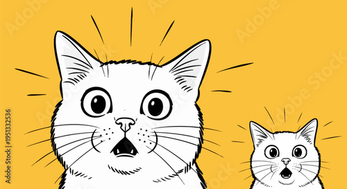 Two surprised white cats with wide eyes and open mouths on a vibrant yellow background, expressing shock or amazement, hand-drawn vector illustration for pet-related content.