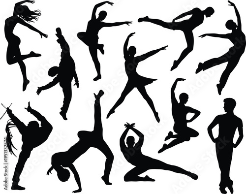 Dancing people silhouettes collection, dynamic dance poses set, ballet and modern dancers, artistic movement figures, black human silhouettes