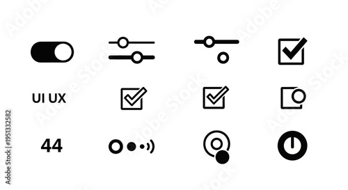 Set of minimalist ui ux interface control icons including toggle switch slider checkbox and power button for