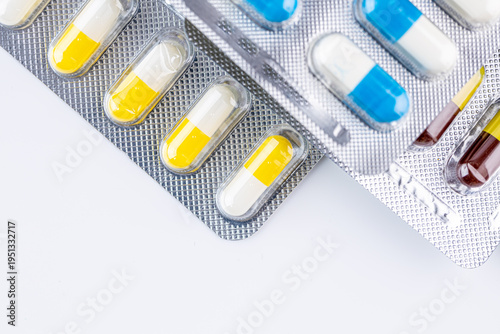 Variety of medicines and drugs.Medicine and healthcare concept.Variety of medicines and drugs.Medicine and healthcare concept.Pill for the prescription and treatment various diseases chemistry