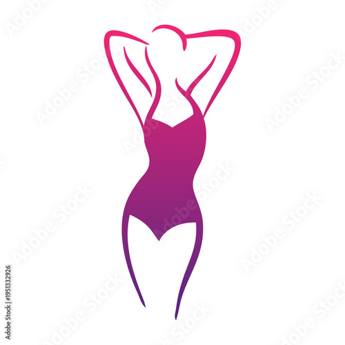 Logotipo con dibujo con líneas de una mujer con bikini de estilo retro, posando de pie con los brazos en la cabeza 