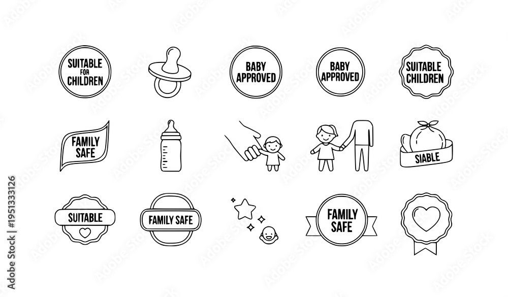 Fototapeta premium Kid Friendly and Baby Safe Labels – Family Approved Badge Icon Vector Set