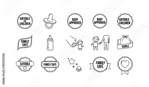 Kid Friendly and Baby Safe Labels – Family Approved Badge Icon Vector Set