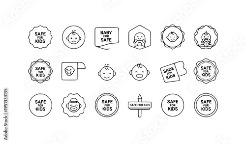 Children Safe Icon Set – Baby Friendly Suitable Label Badge Vector Collection