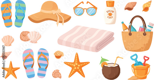 Summer Beach Vacation Set Featuring Flip Flops Sun Hat Sunglasses Sunscreen Towel Seashells Starfish Coconut Drink and Travel Picnic Basket Vector Illustration