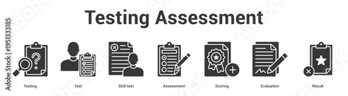 Testing Assessment web banner icon set vector illustration concept for business with icon of Testing, Test, Skill test, Assessment, Scori.