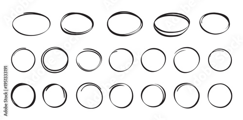Highlight circle isolated hand drawn set . Doodle marker Collection of different black circles.