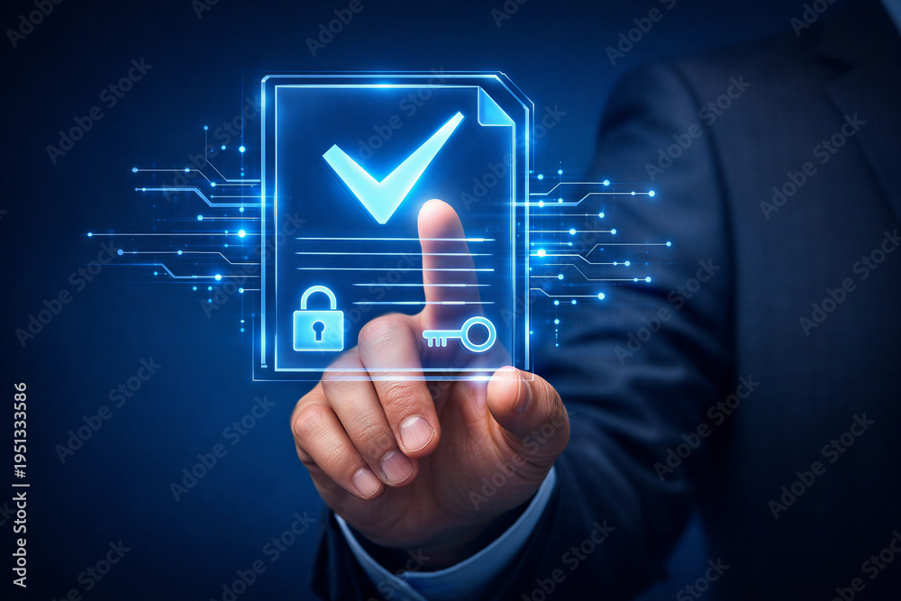 Fototapeta premium Businessman Touching Digital Smart Contract with Lock and Key Security Symbols