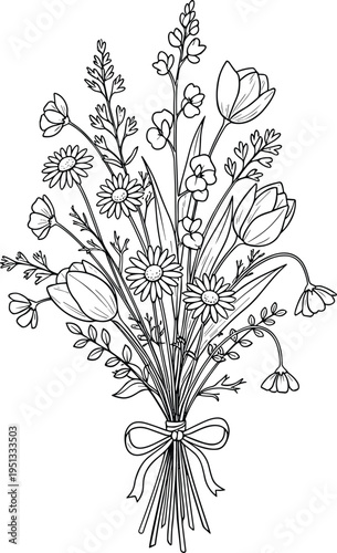 Hand drawn flower bouquet line art with tulips and daisies isolated on white background for wedding invitation and coloring book